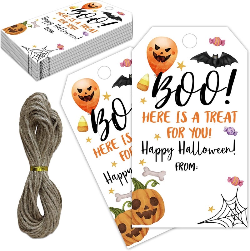 RPLCSPC Black Halloween Paper Gift Tags with String-50Pcs, Here is A Treat for You Happy Halloween Cute Ghost Boo Tags for Goodie Bags, 2 x 3.5 Inch Hanging Labels for Decor Party Supplies, Gift Wrapping-B10 - Image 1